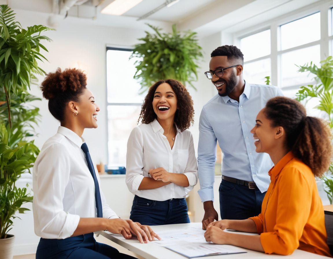 A diverse group of employees journeying together through a vibrant office landscape, embodying teamwork and satisfaction. They are sharing ideas, laughing, and engaging with each other, symbolizing positive employee relations. In the background, there are motivational quotes and greenery, representing growth and harmony. The lighting is warm and inviting, enhancing the sense of community and happiness. vibrant colors. super-realistic. white background.