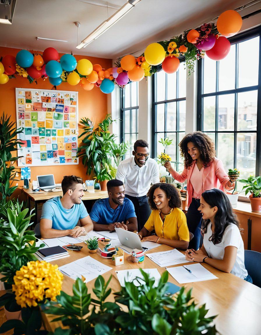 A vibrant, uplifting office scene showcasing diverse, smiling employees collaborating joyfully around a bright table, surrounded by colorful decorations and plants. Emphasize elements of teamwork, positivity, and happiness, with cheerful HR professionals engaged in supportive interactions. Include soft sunlight streaming through large windows, creating a warm atmosphere. super-realistic. vibrant colors. bright background.