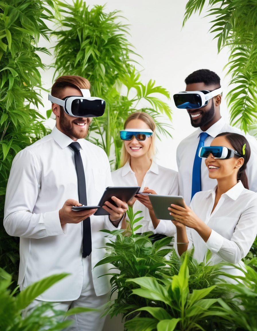 A futuristic office scene showcasing diverse employees engaging with advanced HR technology, such as tablets and virtual reality headsets, while collaborating joyfully. Include vibrant expressions of excitement and teamwork, surrounded by lush green plants signifying growth and harmony. Bright colors to reflect positivity and innovation. modern digital art. vibrant colors. white background.